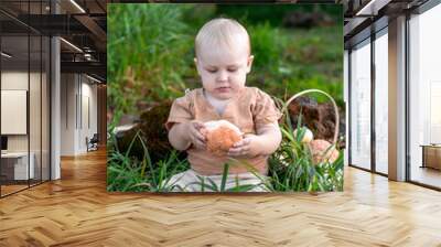 A boy on the shore in the green grass has a picnic Wall mural