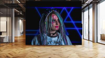 Cyber ​​girl in neon in cyberpunk style Wall mural