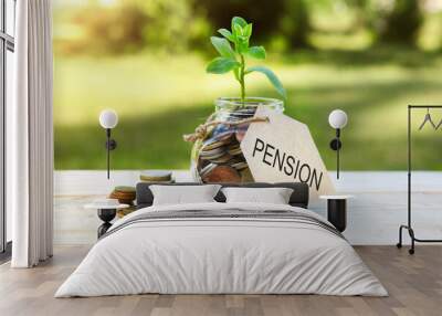 Pension. Glass jar with coins and a plant in it, with a label on the jar and a few coins on a wooden table, natural background. Finance and investment concept Wall mural