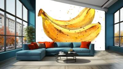 Watercolour illustration yellow bananas with watercolour drops. Organic food illustration. Wall mural