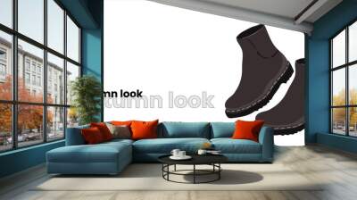 black autumn boots with thick soles. Dark brown shoes, isolated on a white background. Fashionable autumn look, illustration for a fashion magazine or print.  Wall mural