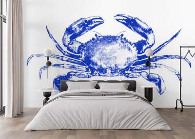 Crab drawn by graphic lines on a light background. Icon for the menu of fish restaurants, markets and shops. Vector blue crab illustration. Wall mural