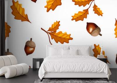 Seamless pattern with autumn leaves and acorns. Vector oak. Autumn Wall mural