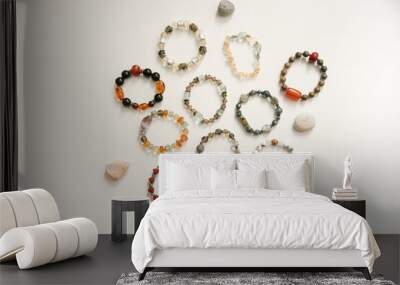 Jewelry and bracelets made of natural stones, natural minerals, top view and place for text Wall mural