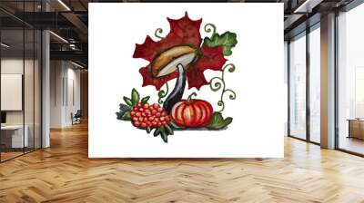 Pumpkin and mushroom in autumn still life Wall mural