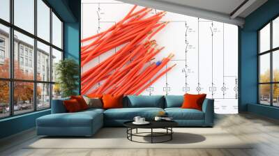 Colored copper wires on an electrical diagram in close-up. Wall mural