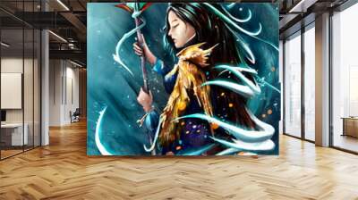 a girl with long glowing hair holds a sharp magic spear in her hands. she wears a golden dragon skin, and magic sparks fly in the air. a bright blue moon shines on the sharp rocks of the cave.2d art Wall mural