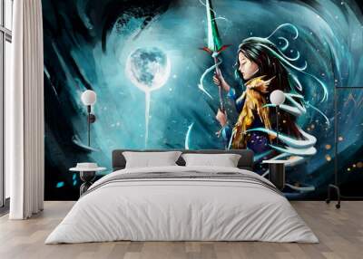 a girl with long glowing hair holds a sharp magic spear in her hands. she wears a golden dragon skin Wall mural