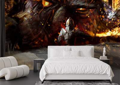 A warrior in plate armor walks with a fiery sword in his hands to the giant's huge head with burning eyes.autumn trees with golden leaves in the background. the knight is standing in snowdrifts.2d art Wall mural