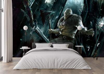 An orc in heavy armor with a huge axe stands in the castle in the rays of night light. He's fighting the enemy, it's an action-packed battle scene. sparks of fire scatter in a sigh. 2d art Wall mural