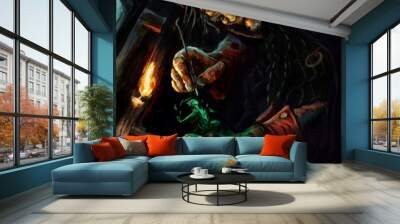 The wizard creates a girl from stone. A candle burns on the table, and gems lie. On it a hood and a cloak. a magical light shines from the window. he has a wand in his hand. 2D illustration Wall mural