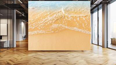 Close-up of a beach with a calm transparent wave. Romantic sea coast with golden sand. Wall mural