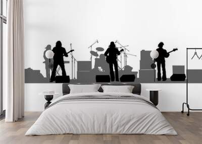 Rock band musicians on stage. Isolated silhouettes on a white background Wall mural