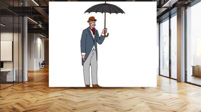 An English gentleman with an umbrella. A citizen of London. Color vector illustration with contour lines in black ink isolated on a white background in cartoon style. Wall mural