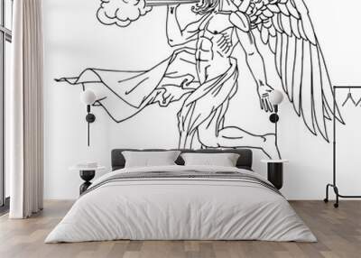 north wind Boreas, Greek god in drapery, flying on wings, mythological character, weather concept, vector illustration with black ink lines isolated on white background in cartoon and hand drawn style Wall mural