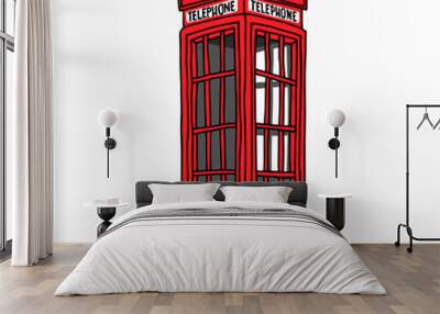 red British telephone booth, an old landmark of the city, a symbol of London, a color vector illustration with black contour lines isolated on a white background in a cartoon and hand drawn style Wall mural