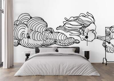 wind & weather God Zephyr in a cloud, a mythological character, ornament element, vector illustration with black ink lines isolated on a white background in a doodle & hand drawn style  Wall mural