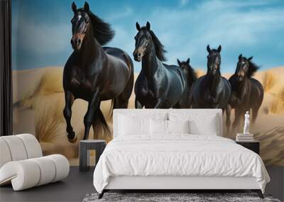 A small herd of free wild black horses running on loose sand in the desert against a cloudy sky. Wall mural