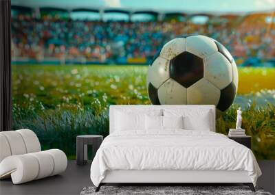 The soccer ball lies on the boundary line of the stadium. Wall mural