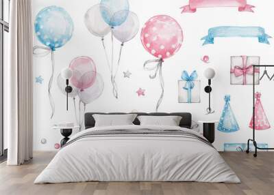 Big set with blue and pink ribbons, colored balloons, gift boxes, hats, confetti; watercolor hand drawn illustration; with white isolated background Wall mural