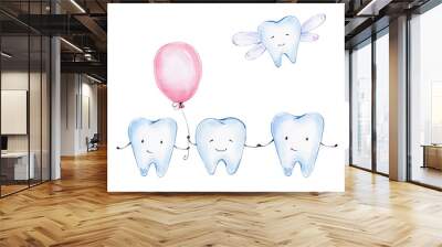 Cartoon teeth; watercolor hand drawn illustration; with white isolated background Wall mural