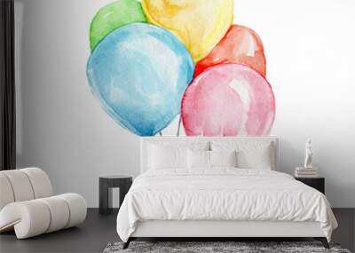 Colorful balloons; watercolor hand draw illustration; with white isolated background Wall mural