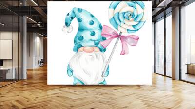 Cute blue gnome and christmas candy and pink bow; watercolor hand draw illustration; with white isolated background Wall mural