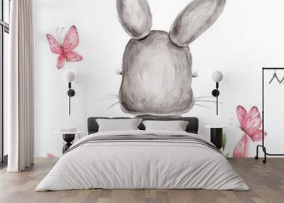 Cute bunny with butterfly; watercolor hand drawn illustration  Wall mural