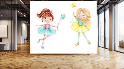 Cute cartoon fairy girls with magic wands; watercolor hand draw illustration; with white isolated background Wall mural