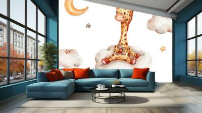 Cute cartoon giraffe on cloud; watercolor hand drawn illustration; with white isolated background Wall mural