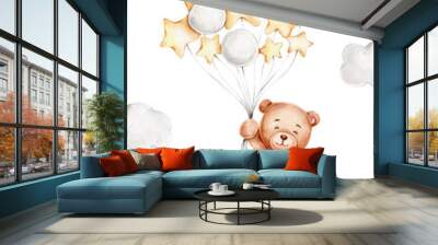 Cute cartoon teddy bear with balloons; watercolor hand drawn illustration; can be used for kid posters or baby shower; with white isolated background Wall mural