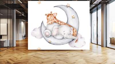 Cute giraffe and elephant sleeping on the moon; watercolor hand drawn illustration; with white isolated background Wall mural