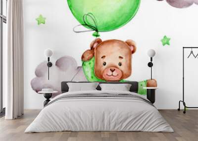 Cute teddy bear flies with green balloon; watercolor hand drawn illustration Wall mural