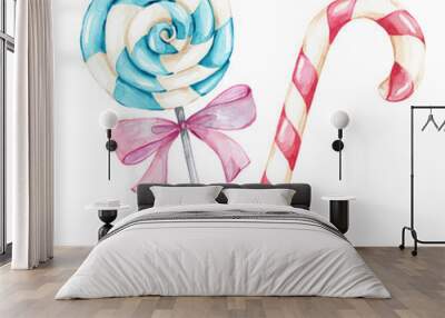 Pink and blue christmas candy and bow; watercolor hand draw illustration; with white isolated background Wall mural