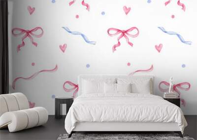 Seamless pattern with bows and ribbons; watercolor hand drawn illustration; with white isolated background Wall mural