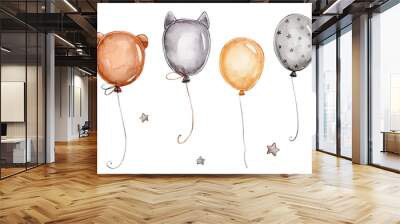 Set with balloons and stars; watercolor hand drawn illustration; with white isolated background Wall mural