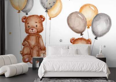 Set with teddy bears and balloons; watercolor hand drawn illustration; with white isolated background Wall mural