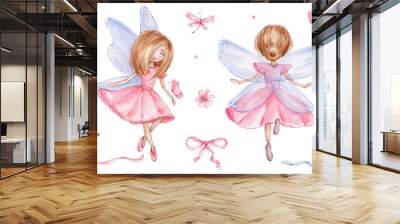 Set with two fairy girls, pink butterfly, flowers ad ribbons; with white isolated background Wall mural