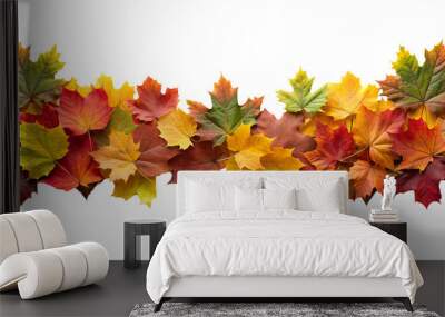 Autumn Leaves Border in Various Colors Isolated on White Transparent Background, PNG Element. Vibrant fall foliage colorful garland Wall mural