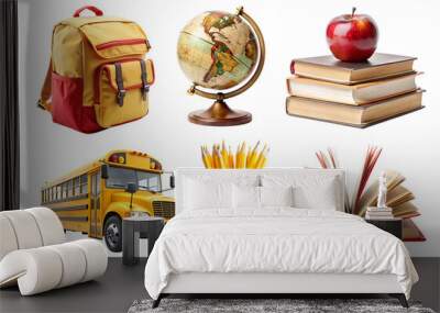 Back to School PNG Set with school elements isolated on white transparent background, png element clipart. School yellow bus, world globe, bag and school books Wall mural