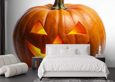 halloween pumpkin lantern with carved face and glowing eyes, isolated on white transparent backgroun Wall mural