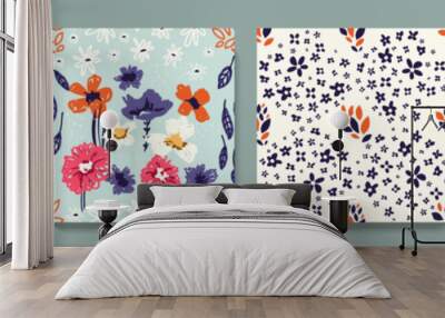 Hand drawn minimal abstract flower pattern set. Collage contemporary print. Trendy templates for fabric, textile, paper design. Orange, white and blue colors Wall mural