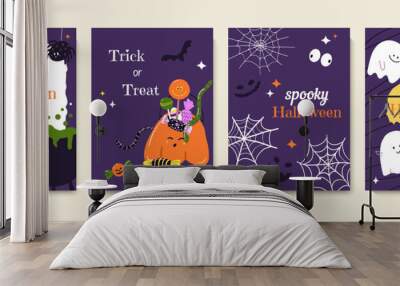 Happy Halloween greeting card design set. Cute spooky postcard templates for holiday magic night with Helloween ghost, spider web, pumpkin with candies. Flat vector illustration for flyer, invitation Wall mural