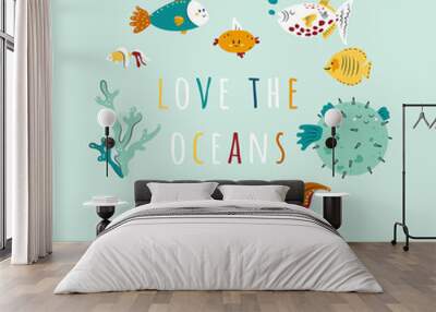 Heart composition with happy marine animals and underwater creatures living in sea. Cute design elements with ocean flora and fauna. Flat cartoon vector illustration for kids print, wrapping paper Wall mural