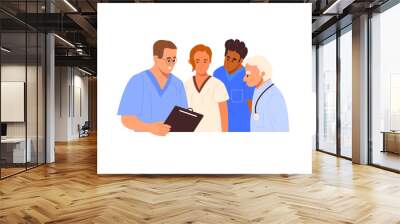 Medical team having discussion in hospital. Group of doctors and nurses planning research in clinic. Healthcare teamwork. Flat vector illustration isolated on white background Wall mural