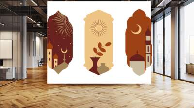 Set of oriental style Islamic ramadan kareem windows and arches with moon, mosque dome, mountain landscape, plants. Colored vector illustration isolated on white background Wall mural