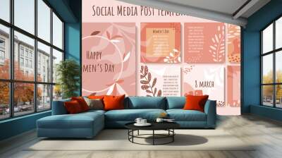 Social media post template 8 of march collection. International Women's Day banner design in pastel pink colors. Set of square trendy templates for greeting card, invitation, web internet advertising Wall mural