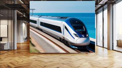 Modern passenger high speed train travels along the coastline Wall mural