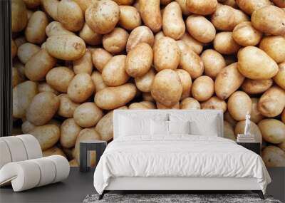 Large pile of potatoes on market counter. Food background and potatoes harvest concept. Wall mural