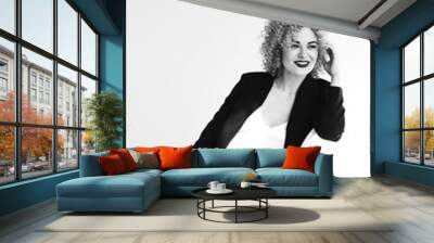  afro curls, blonde, emotions, fashion, red lipstick, jeans, white blouse, black jacket, black pantyhose Wall mural